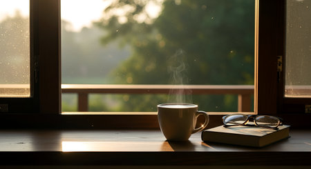 Coffee cup and book on wooden table in front of windowの素材