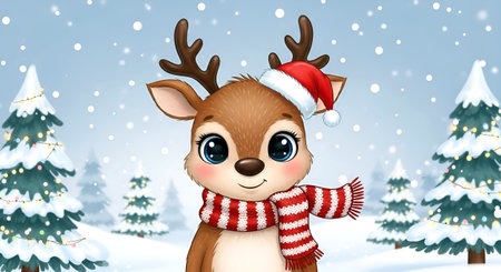 Illustration of a cute reindeer wearing a hat and scarfの素材
