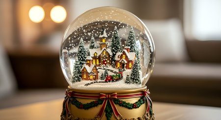 Snow globe with houses and trees in the background, christmas decorationの素材