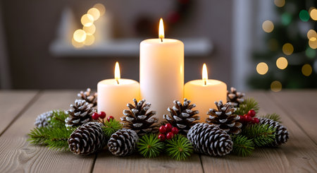 Christmas decoration with burning candles and fir branches on wooden table, closeupの素材