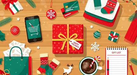 Merry Christmas and Happy New Year. Vector illustration of a flat design.の素材