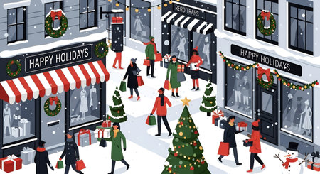 People walking in the Christmas market. Vector illustration of people walking in the Christmas market.の素材