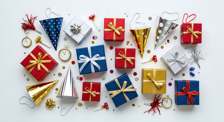 Christmas composition. Giftsrations on white background. Flat lay, top view, copy spaceの素材