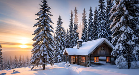 Fantastic winter landscape with snow covered house. Dramatic wintry scene. Carpathian, Ukraine, Europe. Beauty world.の素材
