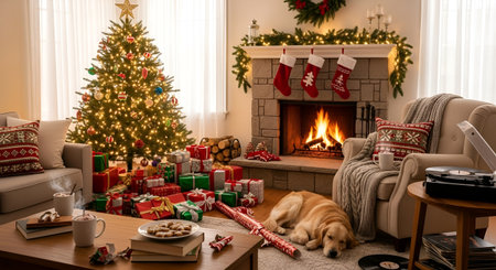 Cute dog in living room with Christmas tree and presents on floorの素材