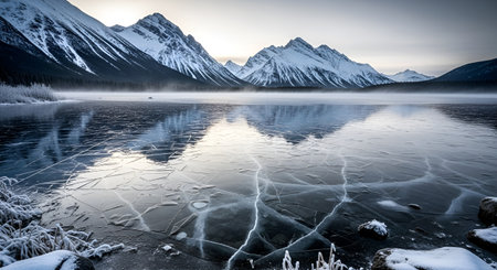 Beautiful winter landscape with frozen lake and snow-capped mountainsの素材