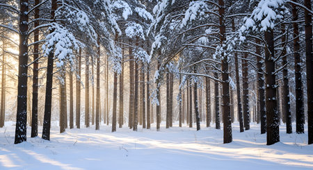 Snowy winter forest in the rays of the rising sun. Beautiful winter landscape.の素材