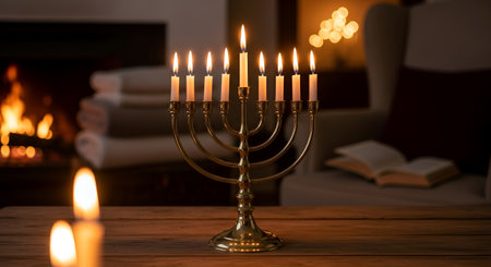 Religion image of jewish holiday Hanukkah background with menorah (traditional candelabra) and burning candlesの素材