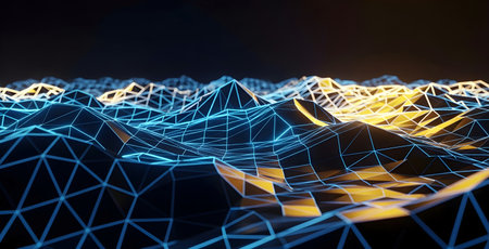 3d rendering of abstract wireframe landscape with low poly wireframe mountains.の素材