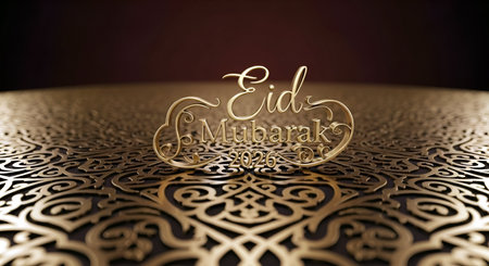 Eid Mubarak 2026 greeting card. 3D illustration. Golden typography.の素材