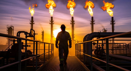 Industrial worker standing on the platform of oil and gas refinery.の素材
