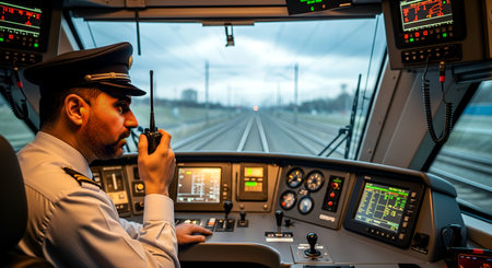Pilot in the cockpit of a passenger plane with a radio.の素材