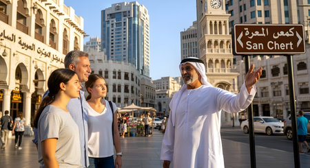 Tourists walking in Dubai downtownの素材