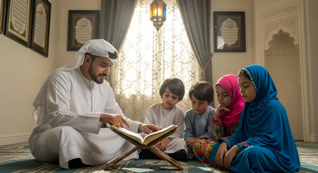 Muslim family reading Quran in the mosque. Muslim family reading Quran together.の素材