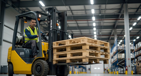 Worker driving forklift in warehouse. Logistics, supply chain and warehouse business concept.の素材