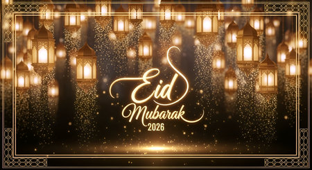 Eid mubarak 2026 greeting card with golden lanterns. Vector illustrationの素材