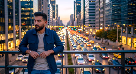 Young handsome Indian man with beard wearing blue jacket in the city.の素材
