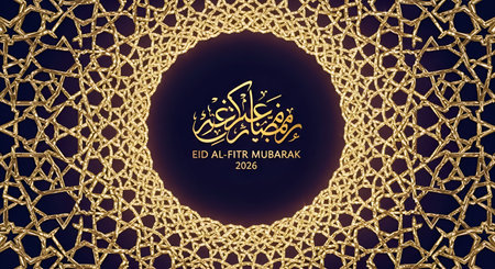 Eid Mubarak 2026 greeting card with golden arabic calligraphy on dark backgroundの素材