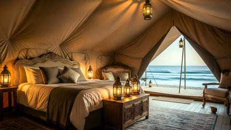 Bedroom in a tent on the beach with a view of the seaの素材