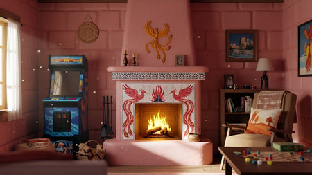 A children's room with a fireplace and toysの素材