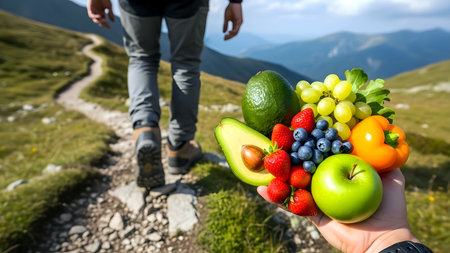 Fruits and vegetables in the hands of a man in the mountainsの素材