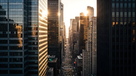 New York City Manhattan midtown skyscrapers at sunset, USA.の素材