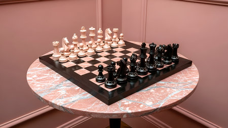 Wooden chess board with black and white figures on the table.の素材