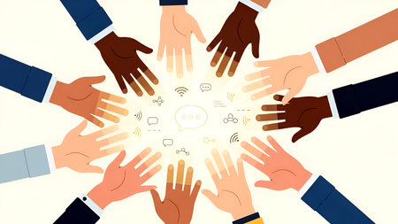 Group of business people hands with social media icons. Vector illustration.の素材