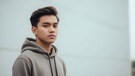 Portrait of gen-z young handsome asian man in grey hoodie.の素材