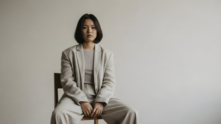 Beautiful southeast asian woman sitting on chair and looking at camera, y2k fashionの素材