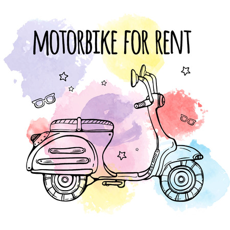 Motobike for rent. Advertising banner ad. Text and bike on watercolor background. Vector illustration.のイラスト素材