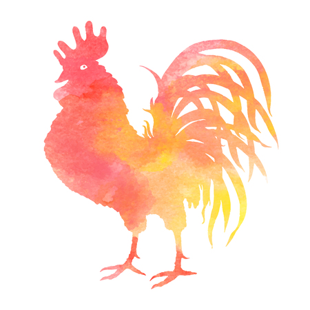 watercolor rooster silhouette on white background. Oriental zodiac. Symbol 2017. Editable vector illustration.のイラスト素材
