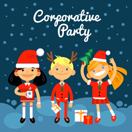 Illustration corporate party, the Fun characters in the New Year, Christmas costumes. The boy and two girls on dark-blue background and inscription. Vector illustration of a flat designのイラスト素材
