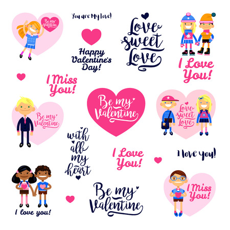 set of illustration with boys and girls, hearts, inscriptions of congratulations. Cartoon vector flat-style design elements for Valentine's Day, wedding and love party.のイラスト素材