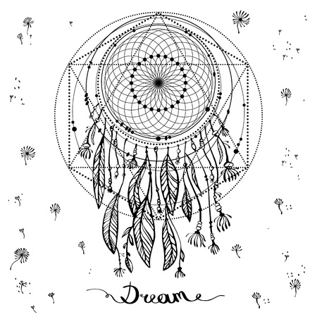 talisman dreamcatcher with feathers. Vector hipster illustration isolated on white. Ethnic design, boho chic, tribal symbol. Coloring book for adults. inscription dream. Vector illustrationのイラスト素材