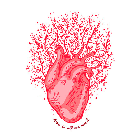 Anatomical heart with flowers. tagline love is all we need. Valentines day card. Vector illustration, elements design, tattooのイラスト素材