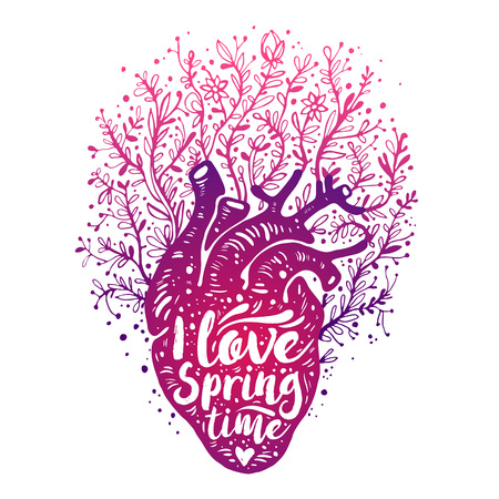 Blooming Anatomical human heart with flowers. tagline I love spring time.のイラスト素材