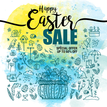 Basket with eggs on watercolor background, Typography poster, card, label, banner design element.のイラスト素材