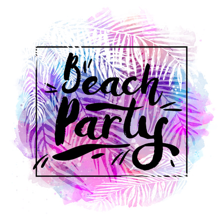 poster beach party on a trendy tropical watercolor background, exotic palm trees. Card, label, banner design element. Vector illustrationのイラスト素材