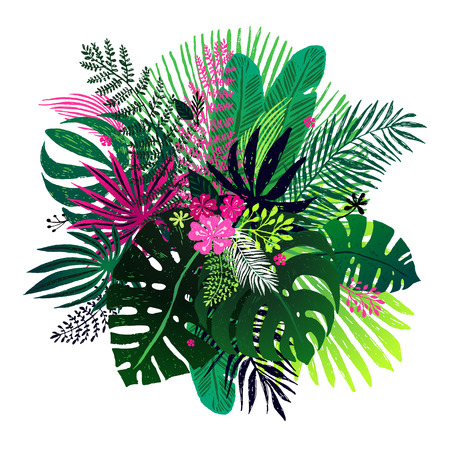Exotic bouquet of tropical plants, palm leaves and flowers on a white background. Vector botanical illustration, design elements.のイラスト素材