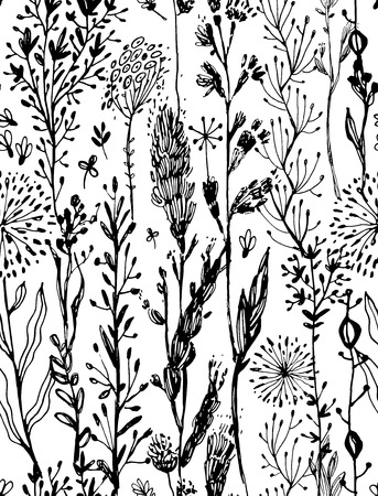Seamless trendy pattern with black grass and flowers. Vector illustration. design element for fabric, wrapping paper, congratulation cards, print, banners and othersの写真素材
