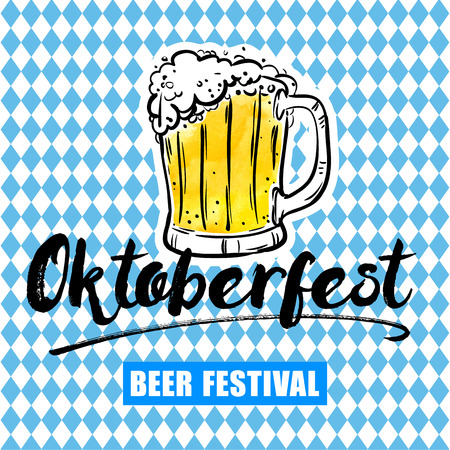 Oktoberfest flyer, lettering and mug of beer on blue traditional background. Festival template celebration. Vector illustration, Design element for congratulation cards, print, banners and othersの写真素材