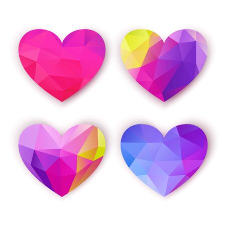 Valentine card, four colorful polygonal hearts set on white background. Vector illustration, great design element for brochure, banner, cover, booklet, flyer, web, UI, card, poster and otherのイラスト素材