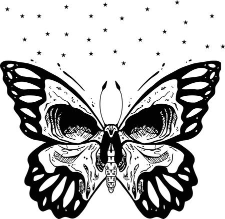 Cute Flutter butterflies tattoo art vector, Skeleton butterfly art Skull design decorative.のイラスト素材