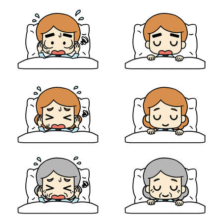 Illustrations of people who cannot sleep and those who are sleepingの写真素材