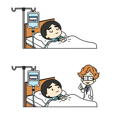 Illustration of a patient sleeping with an IV drip and a doctor standing beside himの写真素材