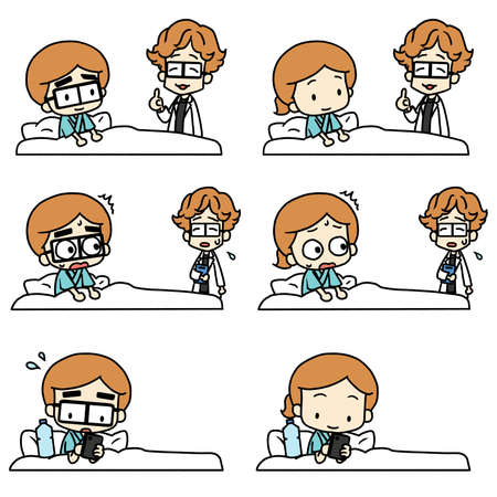 Illustration of a patient in bed and a doctor standing next to himの写真素材