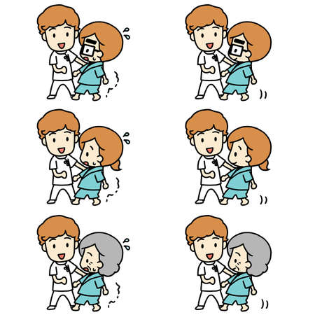 Illustration of walking rehabilitation with a physiotherapistの写真素材