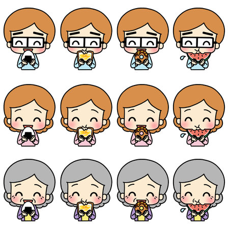 Illustration of a person holding in his hand and eating various foods with a smileの写真素材