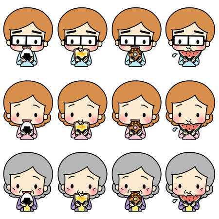 Illustration of a person holding in his hand and eating various foodsの写真素材